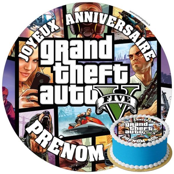 Décoration gâteau anniversaire GTA 5 disque sucre