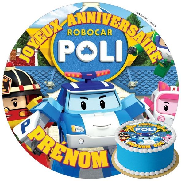 Décoration gâteau anniversaire Robocar Poli disque sucre