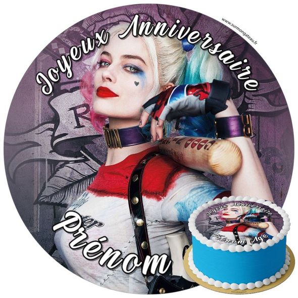 Décoration gâteau anniversaire Harley Quinn disque sucre