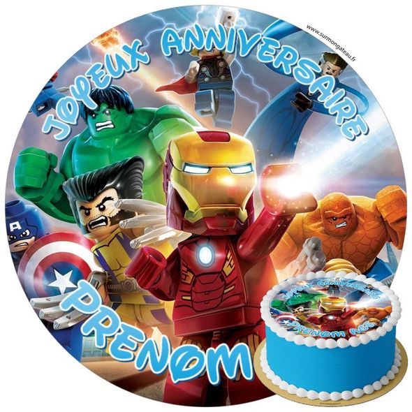 Décoration gâteau anniversaire Lego Super Héros Ironman disque sucre