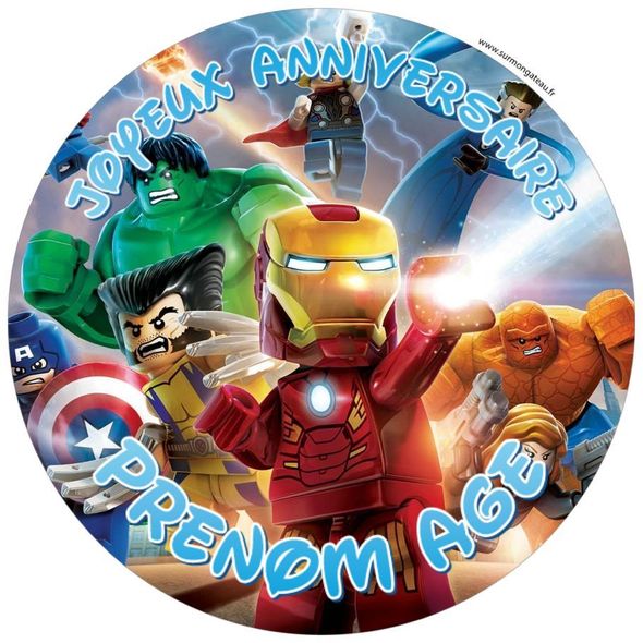 Décoration gâteau personnalisé Lego Super Héros Ironman disque sucre