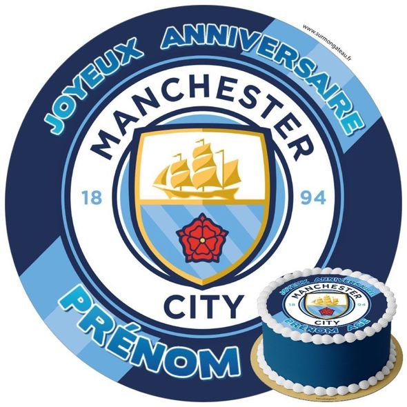 Décoration gâteau anniversaire Manchester City disque sucre