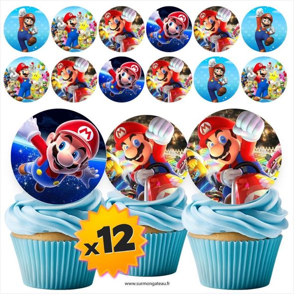 12 mini disques photos comestibles Mario azyme sucre