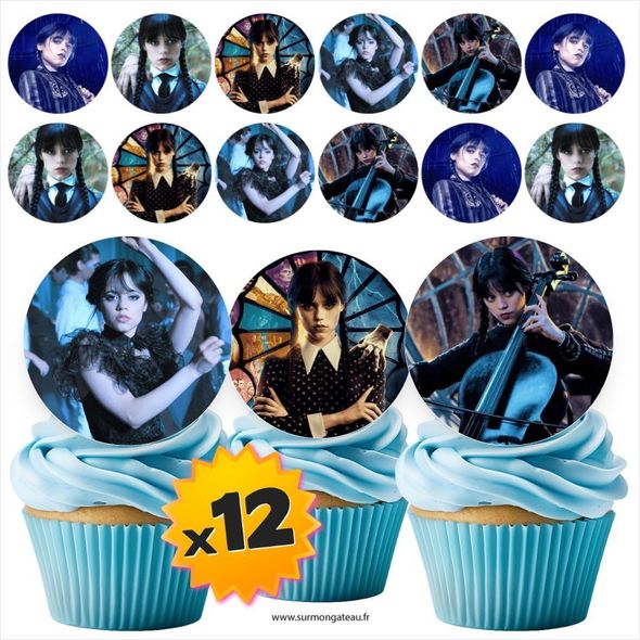 12 mini disques photos comestibles Mercredi Addams azyme sucre
