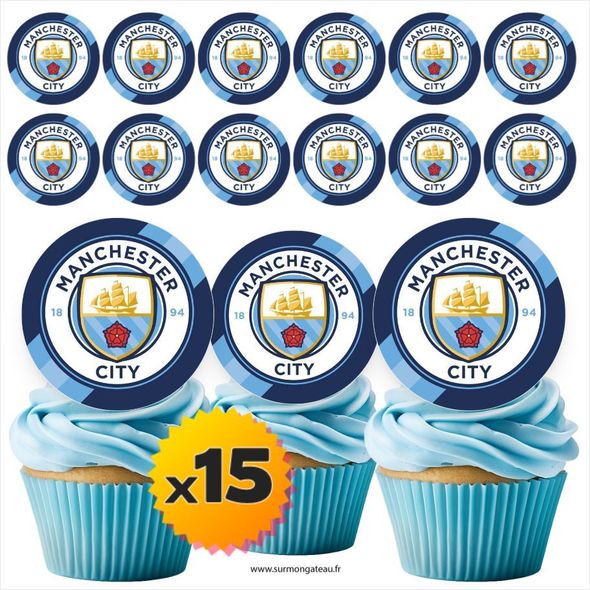 15 mini disques photos comestibles Manchester City azyme sucre