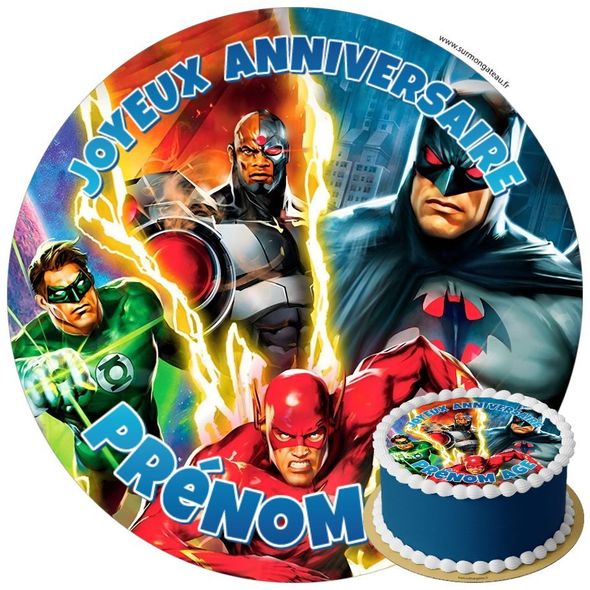 Décoration gâteau anniversaire Super Héros Justice League disque sucre