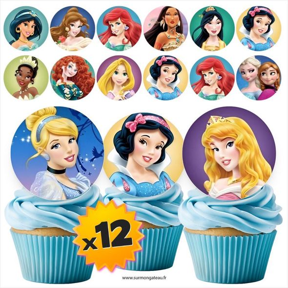 12 mini disques photos comestibles Princesses Disney azyme sucre