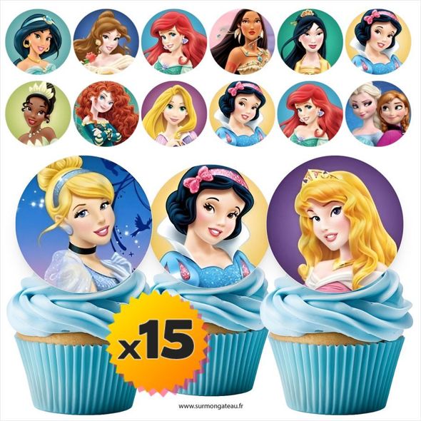 15 mini disques photos comestibles Princesses Disney azyme sucre