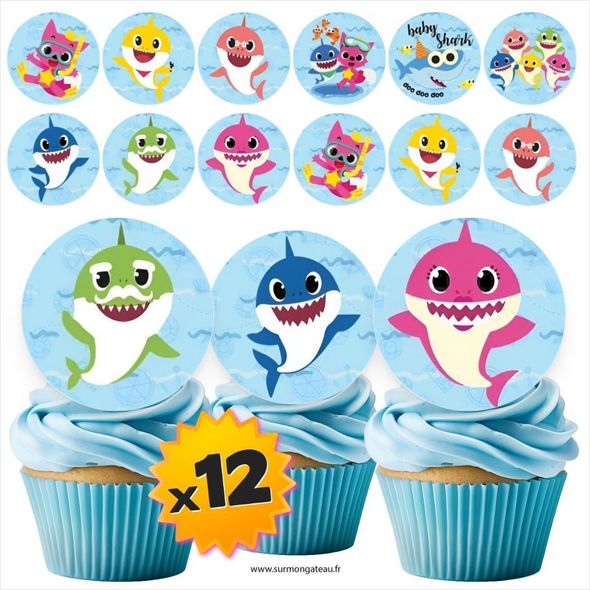 12 mini disques photos comestibles Baby Shark azyme sucre