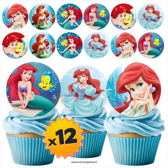 12 mini disques photos comestibles Ariel la petite sirène azyme sucre