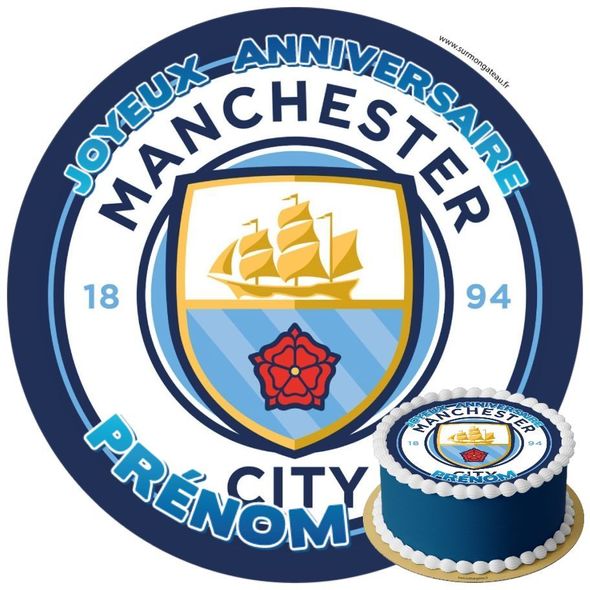 Décoration gâteau anniversaire Manchester City disque sucre