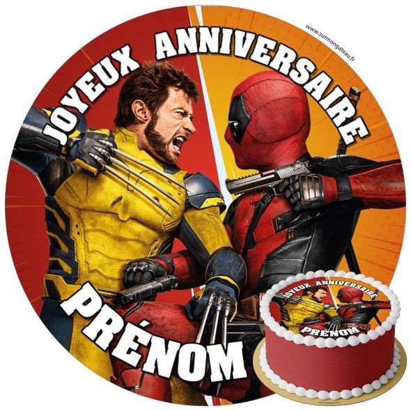 Décoration gâteau anniversaire Deadpool et Wolverine disque sucre