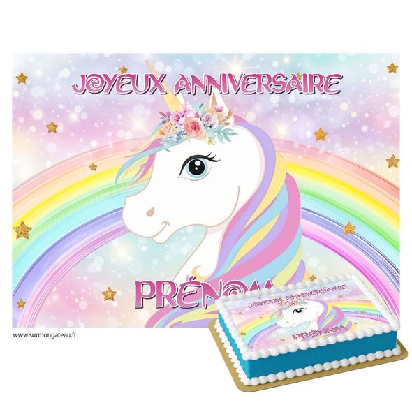 Décoration gâteau anniversaire Licorne feuille a4 sucre